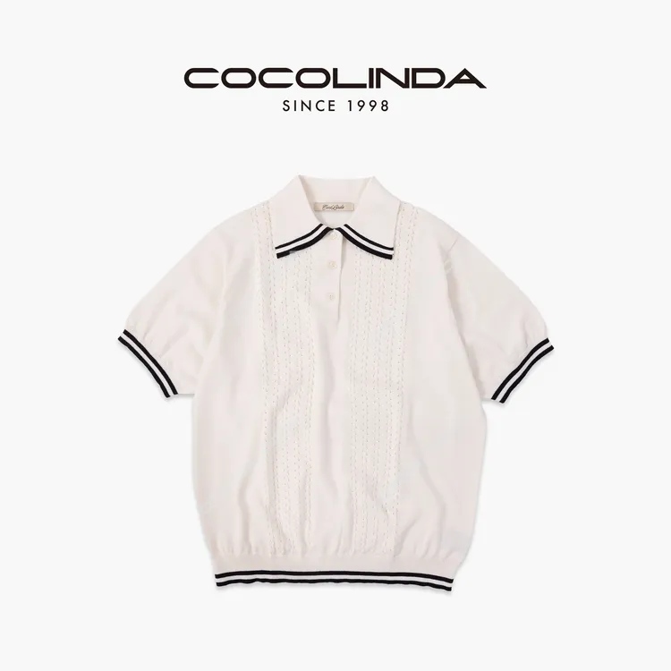 COCOLINDA |Miu风棉质5针移针挑洞织法POLO领宽松加长版上衣S5468