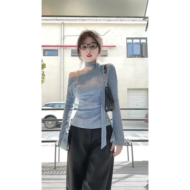 梦优莱设计感小众系带斜领露肩长袖t恤女春秋时尚显瘦打底衫上衣