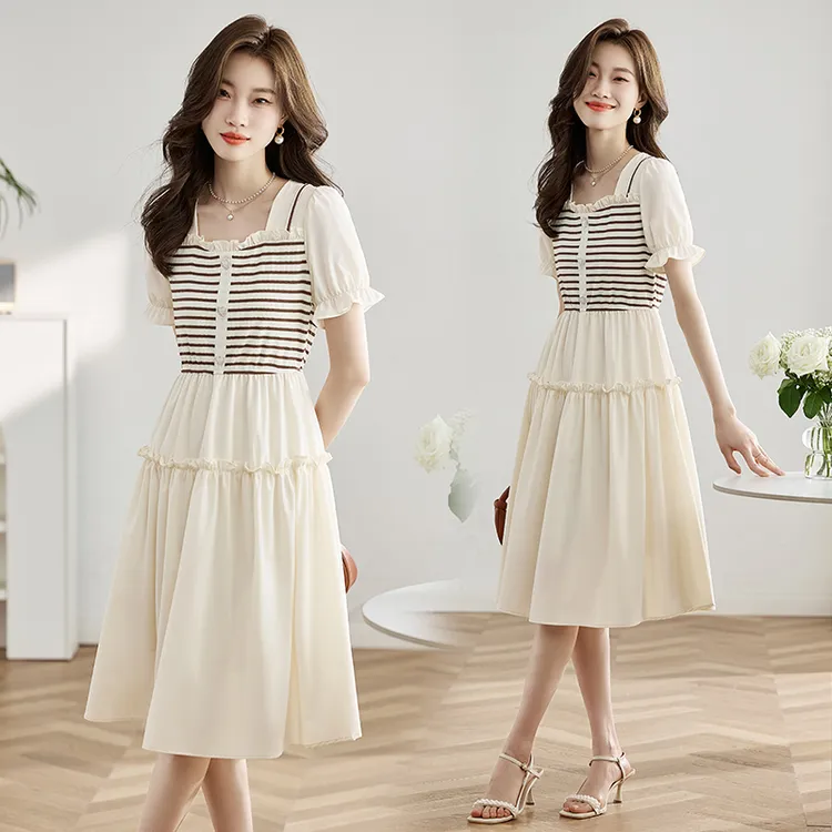 法式裙子短袖T恤气质小个子时尚夏季收腰舒适透气面料显瘦假两件