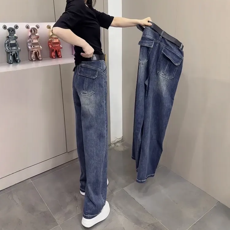 大码窄版直筒牛仔裤女2025秋季新款胖mm显瘦宽松美式阔腿弯刀裤子