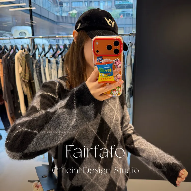 【拉毛复古菱格毛衣】PYMY5B080冬季新款高级老钱风复古休闲毛衣