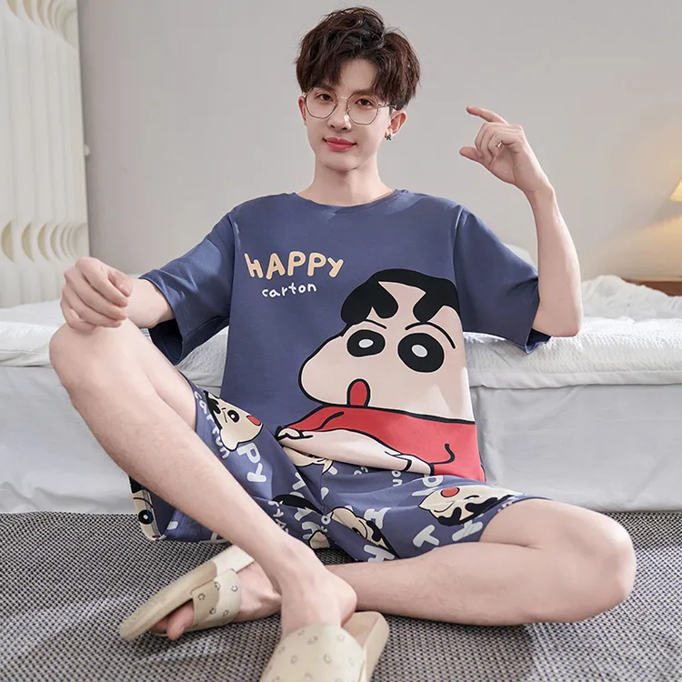 2025新款夏季男生睡衣纯棉大码短袖卡通蜡笔小新中大童学生家居服