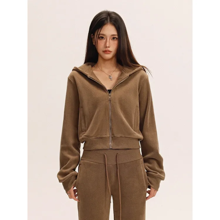 美式休闲抓绒短款卫衣外套+微喇长裤两件套女秋冬新款运动套装