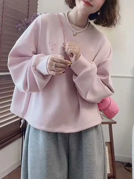 韩系百搭圆领纯色长袖卫衣女宽松慵懒2025年秋季卫衣上衣休闲