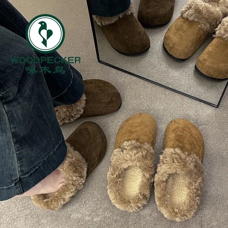 啄木鸟慵懒风勃肯棉拖鞋女外穿2025秋冬新款加绒毛毛包头半拖鞋潮