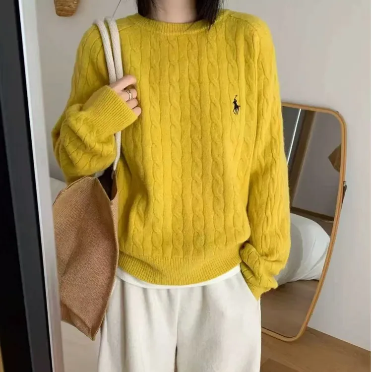 【美利奴手感】刺绣小马秋冬新款韩系圆领麻花慵懒毛衣高级感套头衫