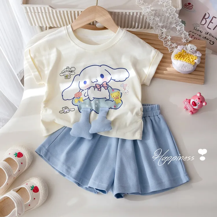 时髦套装甜美可爱印花立体玩偶短袖T恤宝宝2025年款儿童衣服