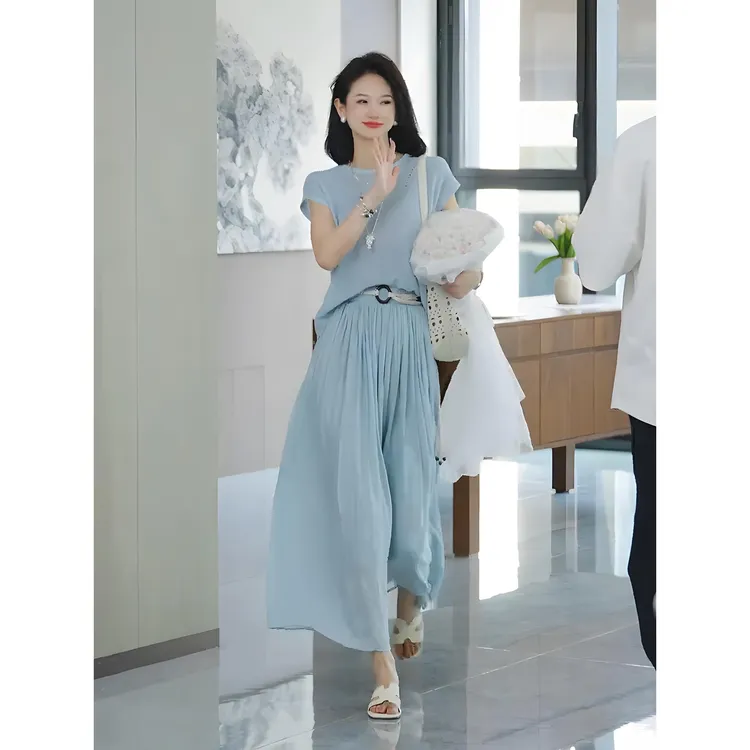 洋气减龄小香风蓝色上衣半身裙套装女夏季新款大方得体绝美两件套