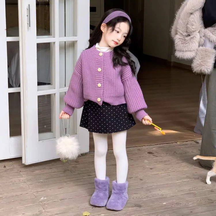 韩版女童2025冬季新款紫色洋气加厚毛衣外套+波点加绒半身裙套装