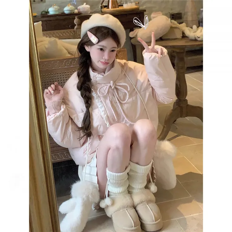 【现货+运费险】学院风蝴蝶结刺绣羽绒棉服女冬季小个子面包服外套