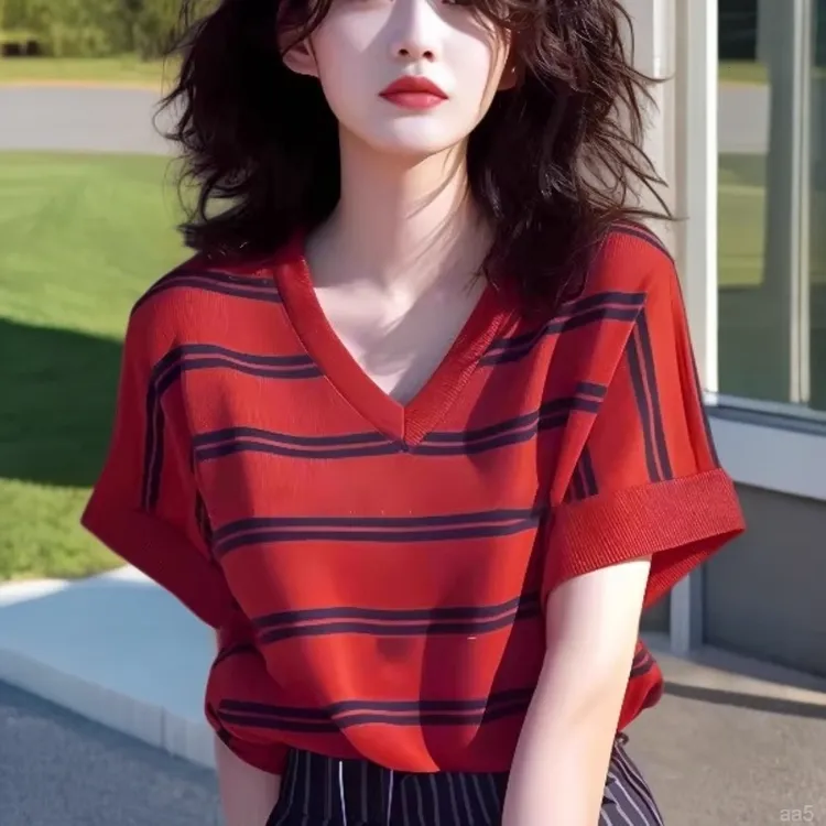 2025夏季洋气减龄独特别致上衣韩系chic撞色条纹冰丝针织衫T恤女