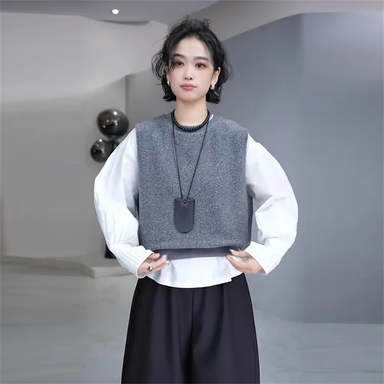 日常通勤韩系纯色衬衫针织马甲套装女2025春季新款宽松显瘦两件套