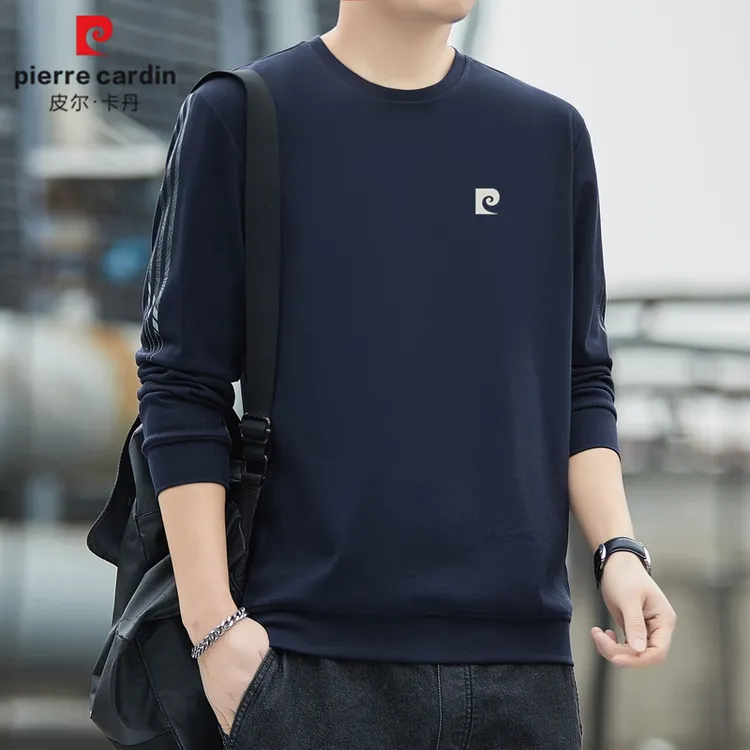 皮尔卡丹卫衣男春秋圆领套头长袖t恤男百搭休闲运动打底衫男装