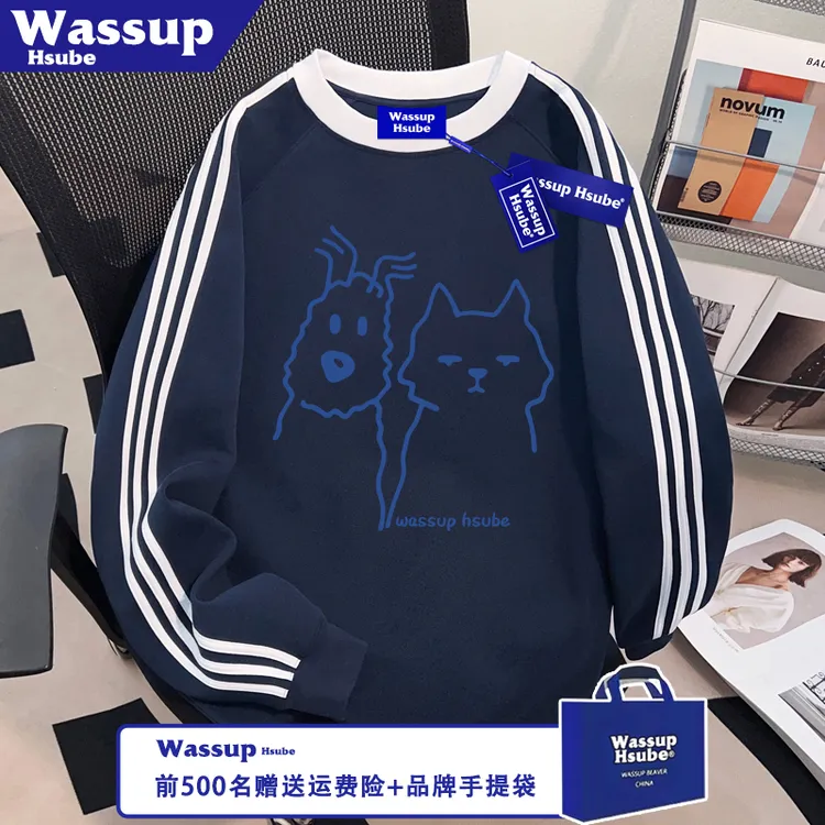 WASSUP HSUBE秋冬季简笔猫狗上衣男女T恤ins100%纯棉三条杠长袖