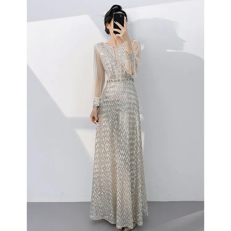 高端晚礼服女2025新款高级感宴会气质年会主持人爆闪玫瑰金连衣裙