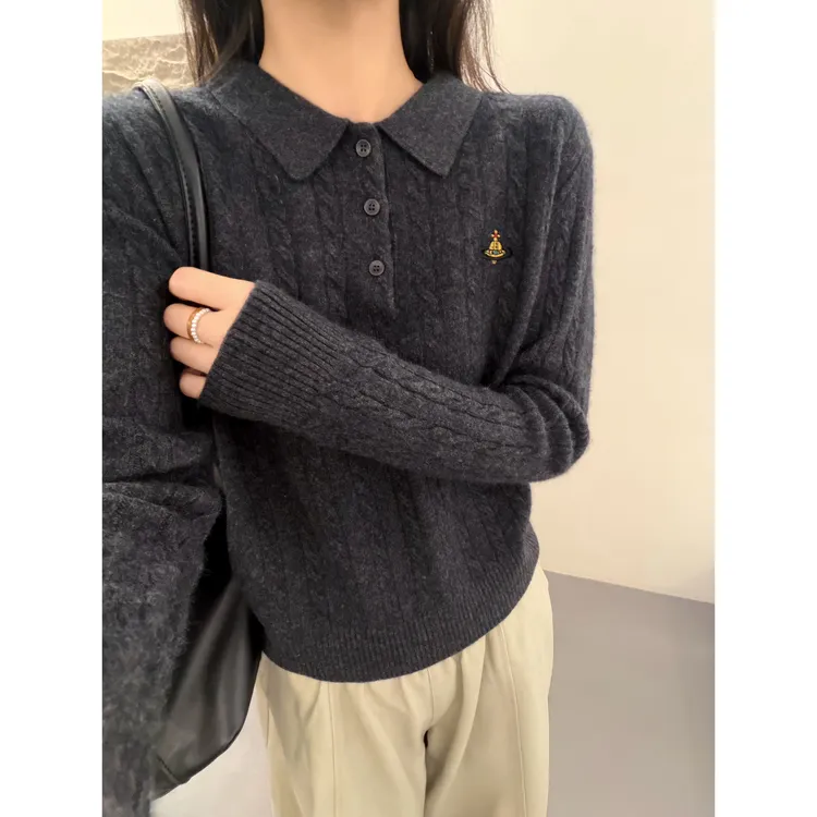 /八结星球polo/复古翻领星球刺绣麻花纹套头毛衣 衣长54 58043