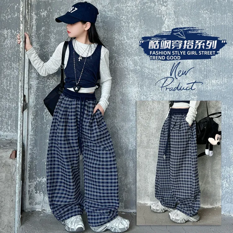 女童春秋休闲裤子套装2025新款网红三件套格子阔腿裤韩系QSC2375