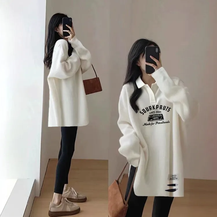 出游服装女POLO领显瘦减龄上衣秋冬慵懒风打底衫长款长袖白色T恤