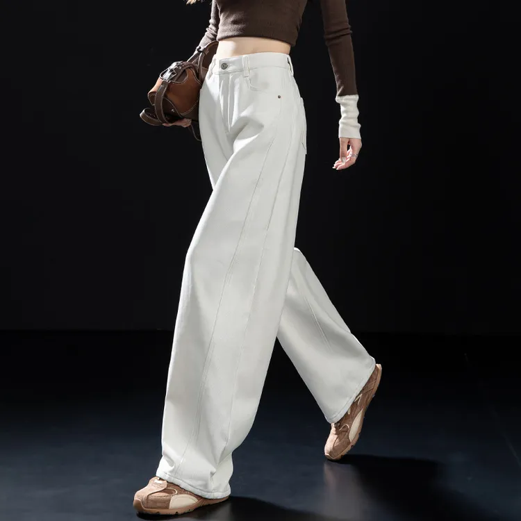 白色加绒牛仔裤女2025新款秋冬休闲弯刀裤哈伦裤宽松镰刀裤老爹裤