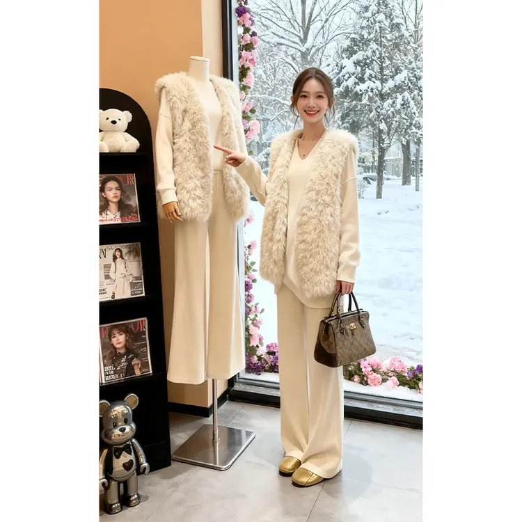 韩系氛围感软糯毛绒马甲外套女2025秋冬新款米白色显瘦针织套装潮