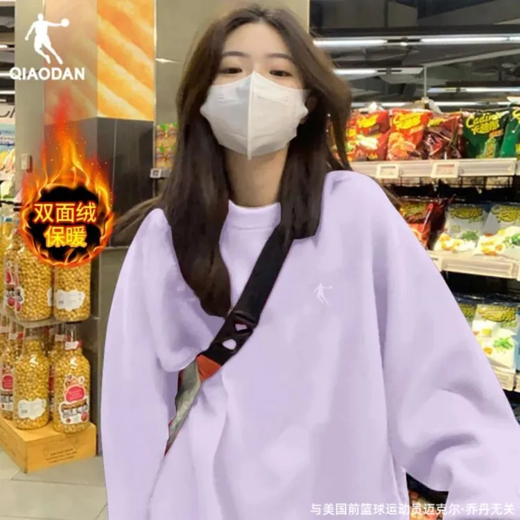 乔丹卫衣女2025加厚保暖长袖冬季圆领外套学生新款摇粒绒加绒上衣