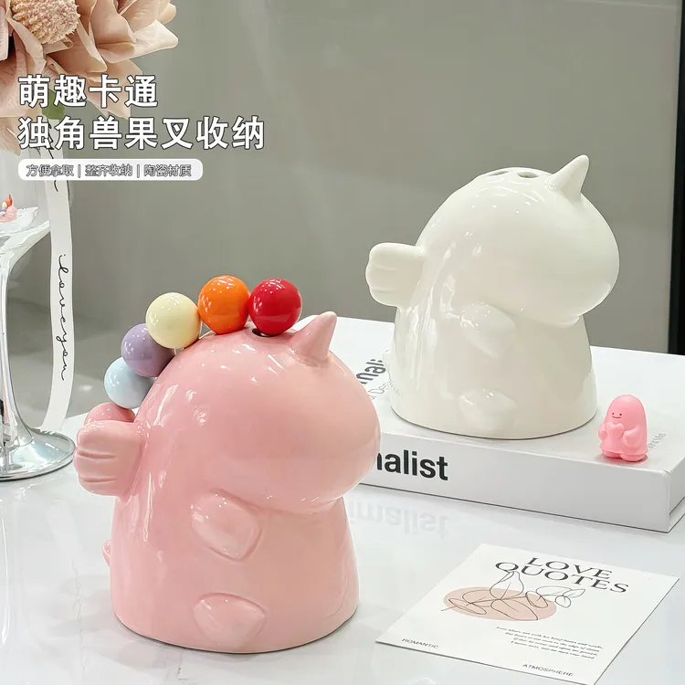 2025新款独角兽小叉子家用不锈钢轻奢收纳罐儿童安全可爱水果叉