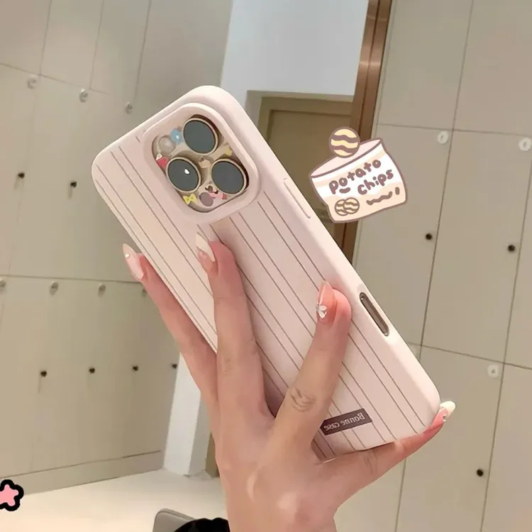 简约粉棕条纹适用苹果16/13手机壳iPhone15promax糯米壳14/12防摔