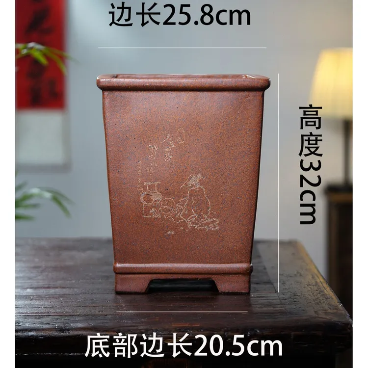 中式古紫砂花盆大号柴烧手工刻绘绿植盆景