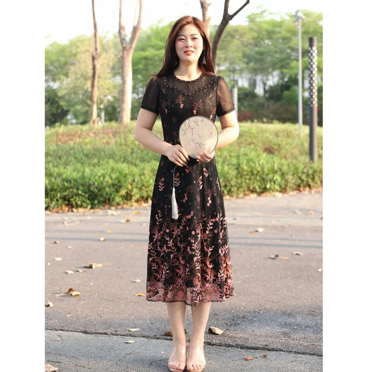 显瘦蕾丝绣花连衣裙妈妈装#L700788H-152时尚洋气超显瘦版型