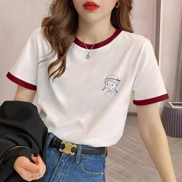 撞色拼接纯棉短袖t恤女2025年夏季新款宽松洋气设计感小众上衣潮