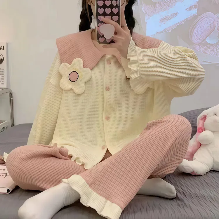 睡衣女春秋夏季华夫格小花翻领开衫长袖长裤两件套装可外穿家居服
