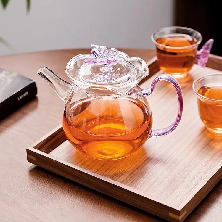 高硼硅紫色蝴蝶花口壶家用玻璃耐热茶壶女士泡茶茶壶专用茶具单个