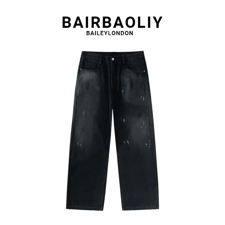 BAIRBAOLIY美式潮牌泼墨痞帅宽松直筒牛仔裤柔软纯棉设计感长裤男