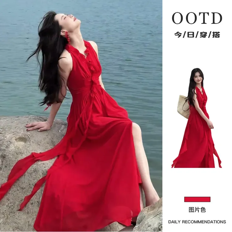 法式红色挂脖吊带连衣裙子女夏季2025新款爆款海边度假高级感长裙