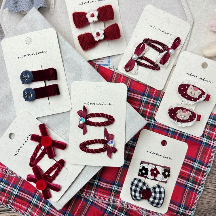 niannian韩系新款红色甜美碎花格纹碎发夹儿童发夹撞色丝绒BB夹