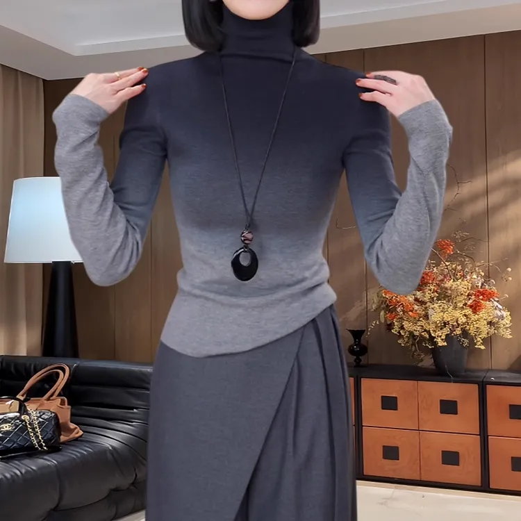 晕染渐变色堆堆高领针织衫女2025冬季新款内搭打底衫修身设计上衣