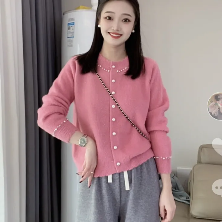 29#不起球冬装氛围感钉钻花边圆领长袖领纯色针织毛衣开衫