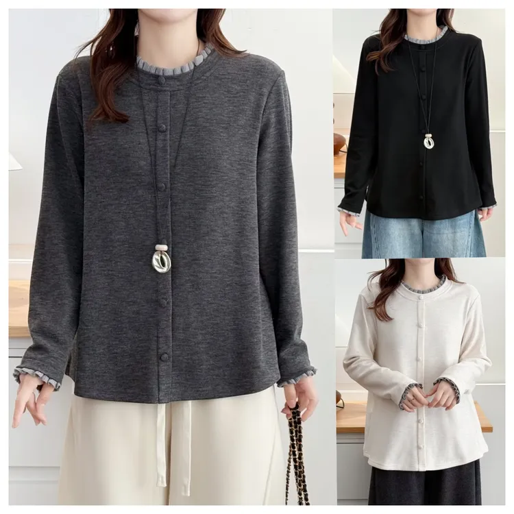 秋冬新款女士大码木耳花边领宽松型拼接长袖针织复古休闲打底衫