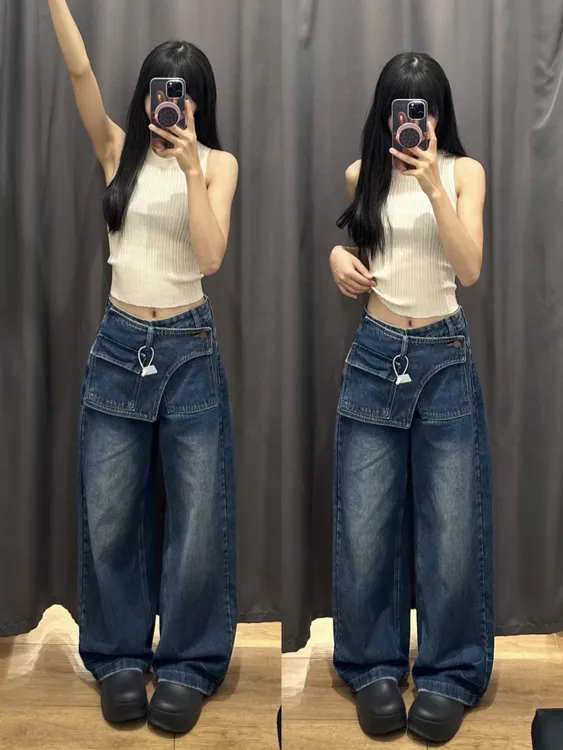 深蓝设计感阔腿牛仔裤女秋装2025新款高腰宽松显瘦爆款时尚直筒裤