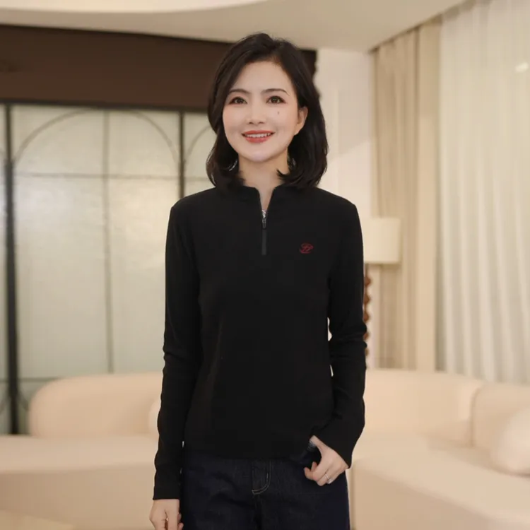 枫竺阿楠anan立领半拉链长袖绣花弹力磨毛T恤女秋季休闲打底上衣