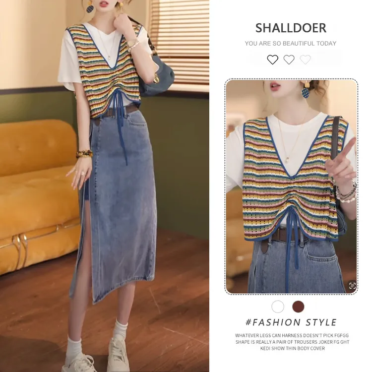 复古港风松弛感一整套女2025夏季新款假两件体恤开叉牛仔裙两件套