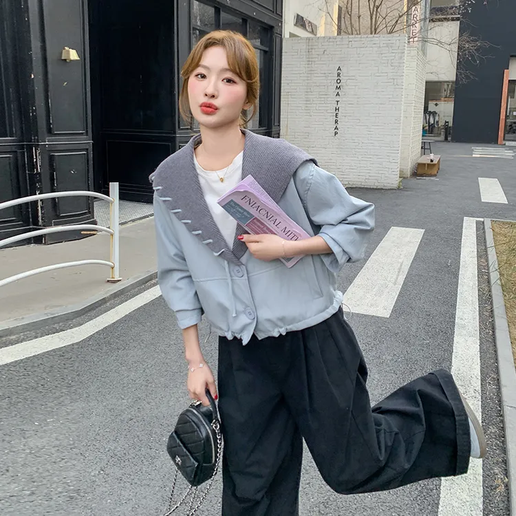 蓝色设计感减龄拼接针织海军领PU皮外套女2025秋季新款小个子上衣