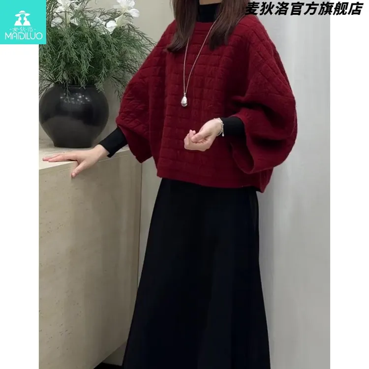 圣诞新年红色蝙蝠袖毛衣女秋冬慵懒高级感质量好灯笼袖针织衫罩衫