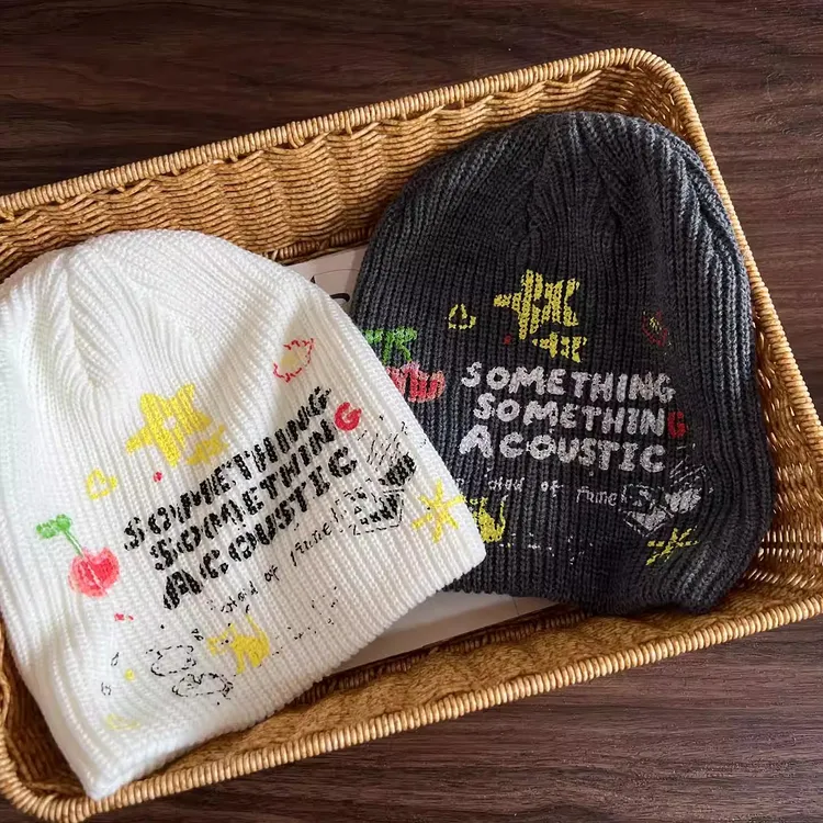 韩版涂鸦印花针织毛线帽男女秋冬新款大头围显脸小套头冷帽堆堆帽