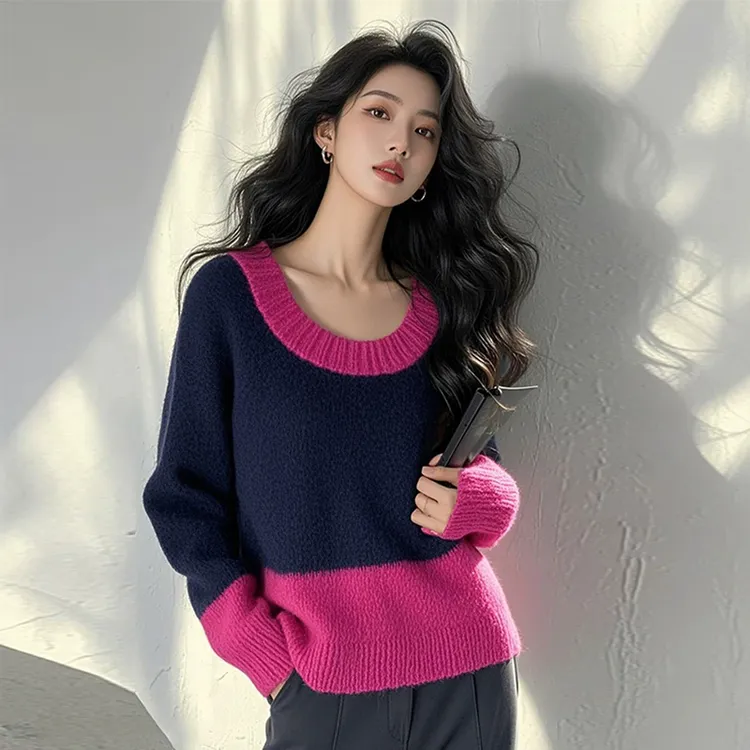 网红玫红色撞色慵懒风毛衣女秋冬宽松套头设计感小众拼色针织衫潮
