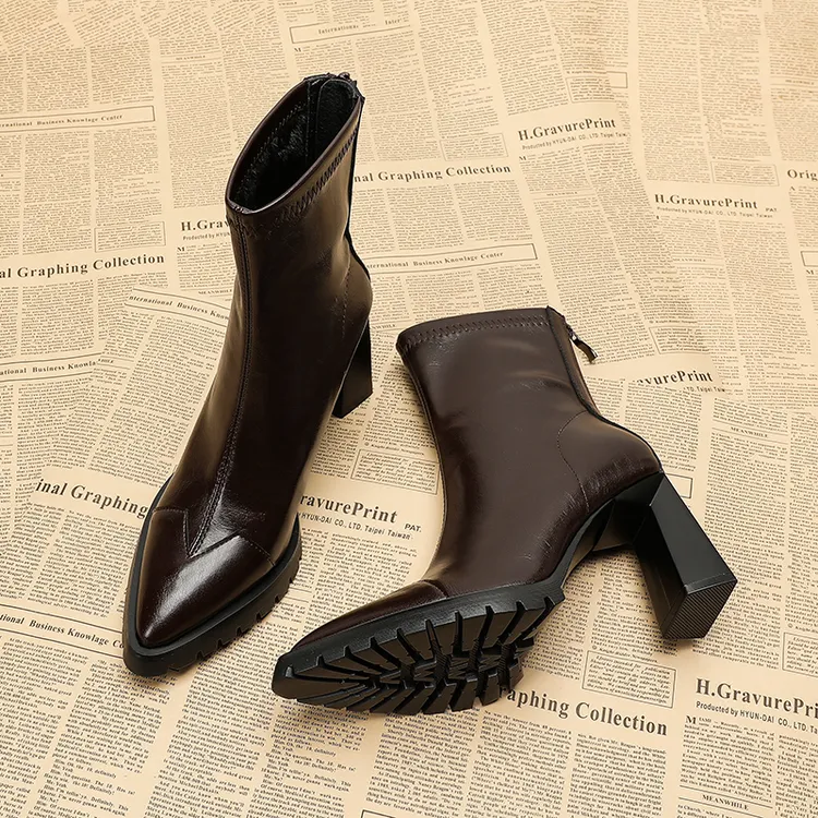 女款秋冬季加绒裸靴小个子棕色厚底防水台尖头短靴真皮高跟瘦瘦靴