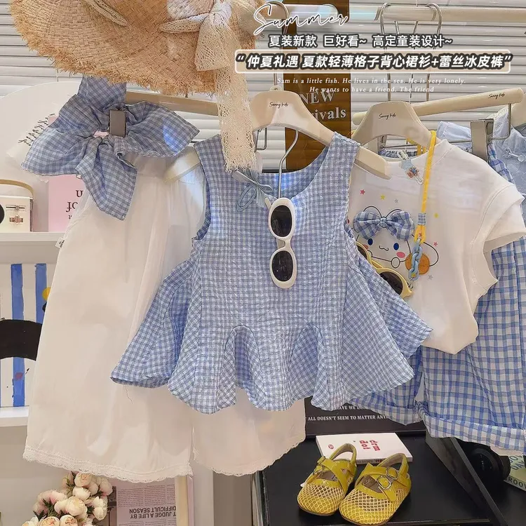 (下单立送发圈)2026夏季新款女童格子裙七分裤休闲背带无袖套装商品图