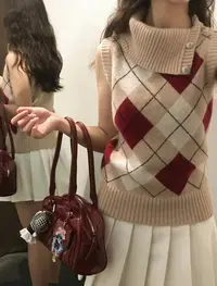 老钱风高领秋冬撞色格子学院风针织背心女显瘦毛衣内搭打底马甲