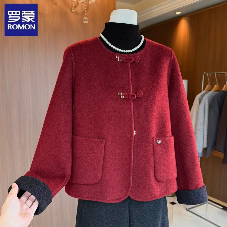 罗蒙妈妈装小香风高级毛呢外套短款女秋冬喜婆婆高贵婚宴红色礼服