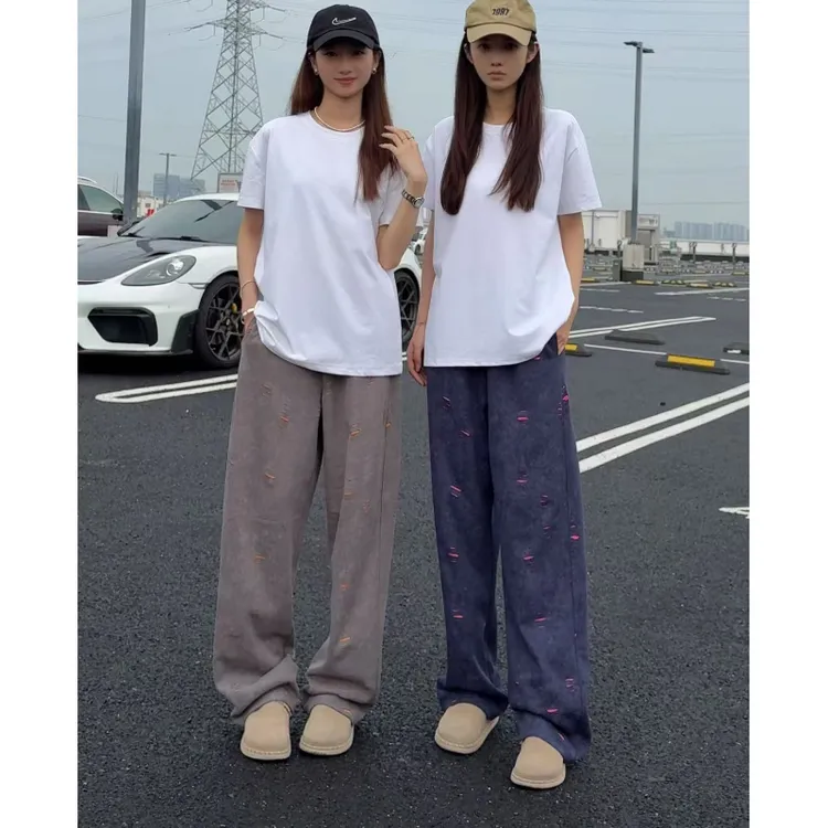 colyon撞色卫裤不规则破洞弯刀裤直筒长裤卫裤男潮流ins休闲裤男